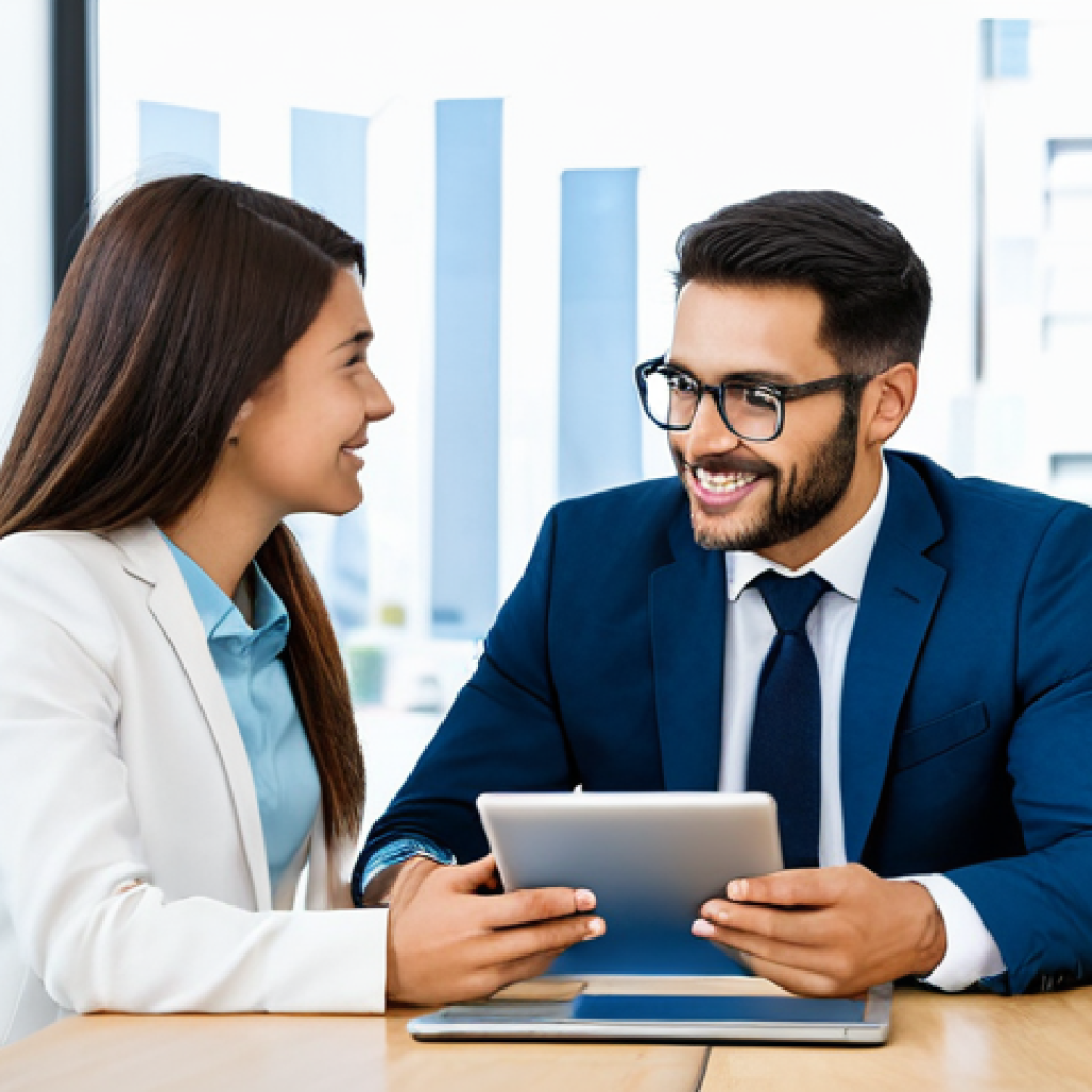 Financial Planning Meeting**

"A financial advisor in a professional office setting, meeting with a young couple, discussing insurance options on a tablet, fully clothed, appropriate attire, safe for work, family-friendly, professional atmosphere, perfect anatomy, natural proportions, well-lit, modern office."

**