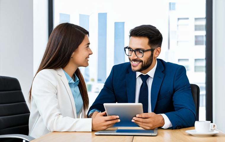 Financial Planning Meeting**

"A financial advisor in a professional office setting, meeting with a young couple, discussing insurance options on a tablet, fully clothed, appropriate attire, safe for work, family-friendly, professional atmosphere, perfect anatomy, natural proportions, well-lit, modern office."

**