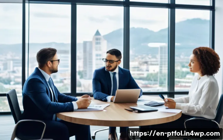 보험 상품의 성격에 따른 포트폴리오 최적화 - A professional financial advisor&rsquo;s office scene, showing a diverse group of clients discussing insur...
