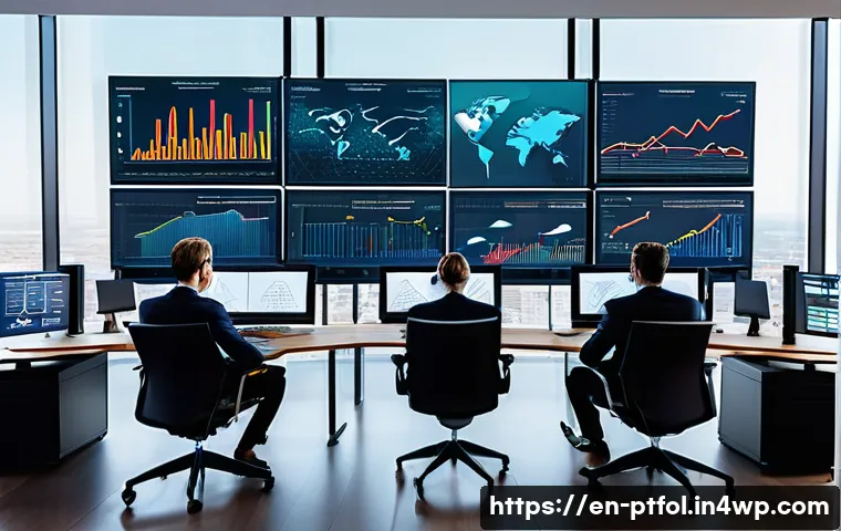 주요 보험사별 포트폴리오 성과 비교 - A modern insurance portfolio management office scene showing diverse professionals analyzing large d...
