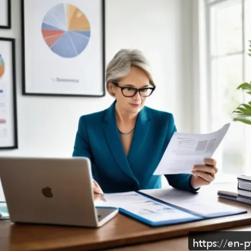 Home 32 보험 포트폴리오 최적화에 필요한 체크포인트 - A detailed modern home office scene showing a middle-aged professional woman reviewing insurance doc...