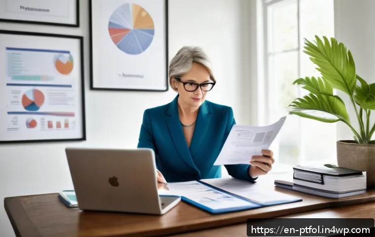 보험 포트폴리오 최적화에 필요한 체크포인트 - A detailed modern home office scene showing a middle-aged professional woman reviewing insurance doc...
