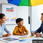 Home 23 보험 상품 다양성을 통한 포트폴리오 안정화 - A professional financial advisor sitting at a modern office desk, explaining diverse insurance optio...