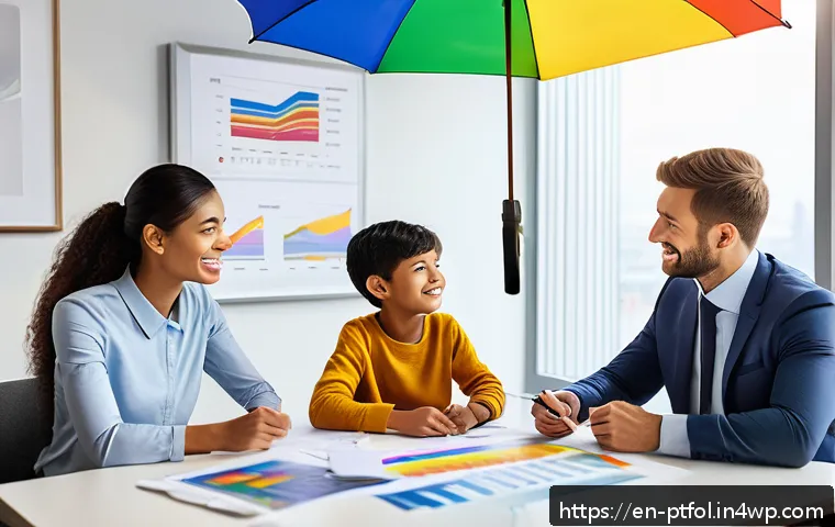 보험 상품 다양성을 통한 포트폴리오 안정화 - A professional financial advisor sitting at a modern office desk, explaining diverse insurance optio...